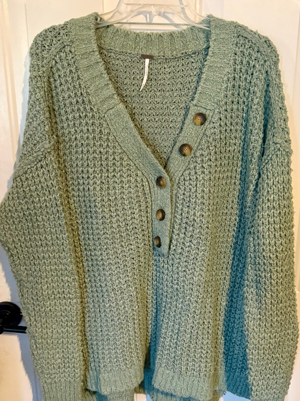 Free People Sage Green V-Neck Button-Front Knit Oversized Sweater